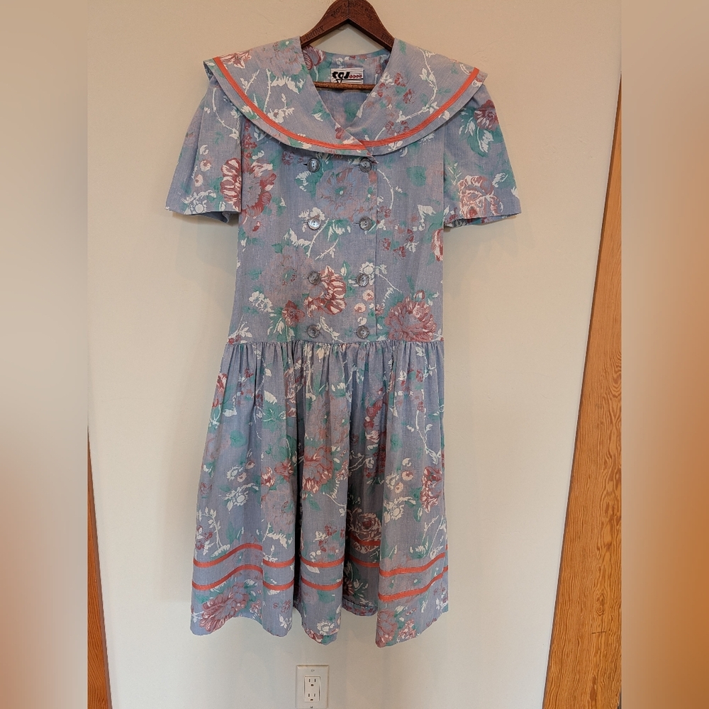 Vintage Cotton 80s Floral  Drop Waist Dress Big Collar